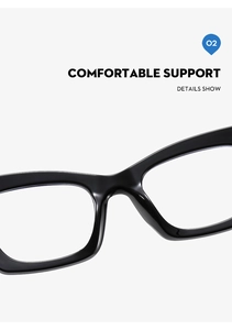 Close-up of comfortable nose bridge and black frame details on stylish block glasses