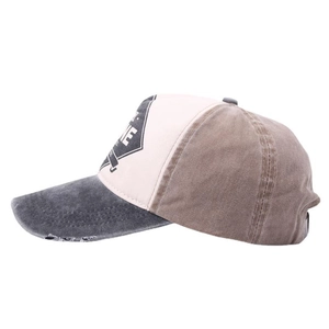 Distressed washed baseball cap with color-block panels and vintage frayed edges