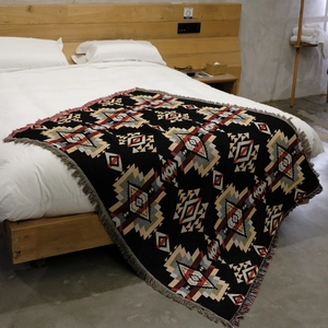 Close-up of woven geometric tribal pattern and fringed edges on a bohemian picnic blanket