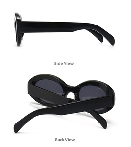 Detailed side and back views of trendy marble pattern thick frame oval sunglasses