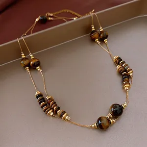 Layered Necklace Artificial Tiger Eye Stone Beads Copper Long Sweater Chain Retro Bohemian Vintage Jewelry For Women