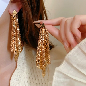 Fashionable gold tassel earrings with geometric triangle studs and sequin mesh fringe