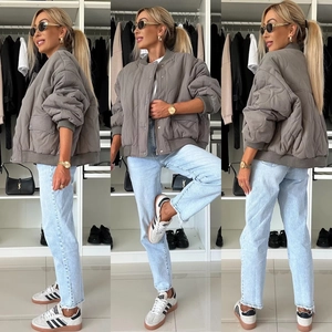 Three-way view of taupe quilted puffer jacket with ribbed cuffs and stand collar
