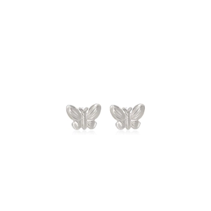 Detailed view of silver butterfly stud earrings with textured metallic wing patterns