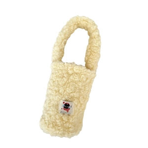 Cute cream fuzzy lamb wool plush water bottle sleeve with cartoon cat logo design