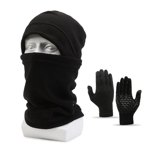Black fleece 3-in-1 tactical beanie neck warmer and touchscreen gloves winter set