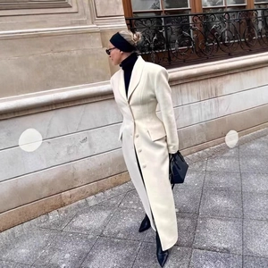 Slim fit cream long wool coat for women with shawl collar and single-breasted buttons