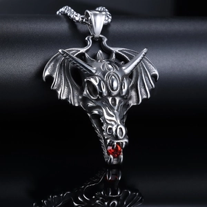 Dragon Head Wyvern Wings Pendant Necklace Stainless Steel Red Rhinestone Gothic Punk Rock Jewelry Men