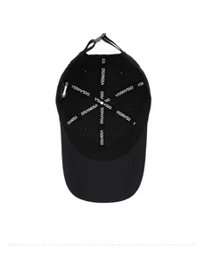Detail view of the breathable fabric lining and reinforced inner seams of the black sports cap