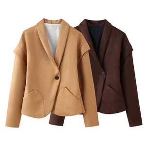 Women's V-neck faux suede blazer jacket with single button and layered shoulder design