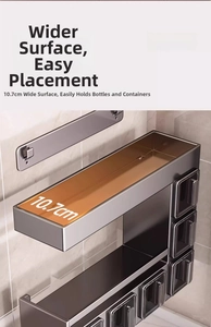 Close-up of wall-mounted gunmetal grey spice rack with 10.7cm wide top shelf