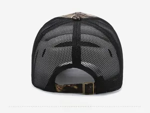 Detail view of the camouflage mesh cap showing adjustable strap and breathable net back