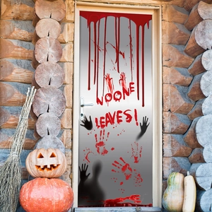 Autocollants de porte Halloween avec empreintes de mains sanglantes et texte rouge
