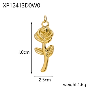 Macro view of a gold rose pendant showing dimensions 2.5cm by 1.0cm and 1.6g weight