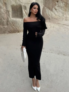 Robe longue moulante noire à épaules dénudées et manches longues pour femmes, style automne