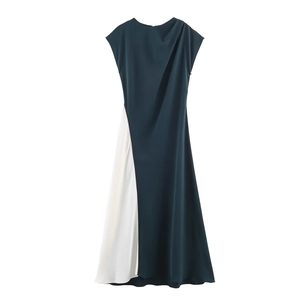 Abito Midi Senza Maniche Elegante Da Donna Poliestere Blocchi Di Colore Splicing Asimmetrico Girocollo Moda Linea A