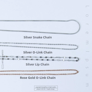 Detail of vacuum-plated titanium steel chains in snake, O-link and lip styles