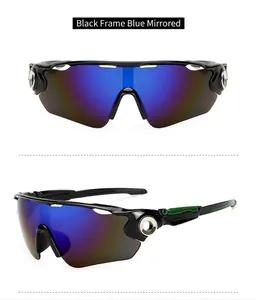 Detail of outdoor sports sunglasses with black frame and blue mirrored lenses