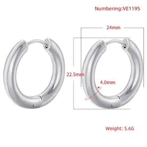 Detail view of 24mm silver hoop earrings with size specifications and weight info