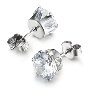 Polished stainless steel six-prong round cubic zirconia stud earrings in silver finish