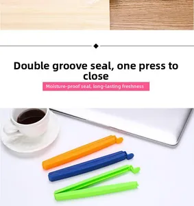 Detail of plastic food bag clips with double-groove seal for snacks and kitchen storage