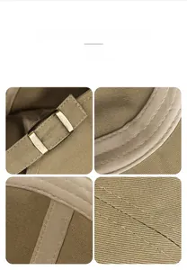 Vue détaillée du béret kaki avec boucle en métal bronze et coutures en sergé fines