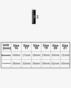 Size guide for 4mm stainless steel ring showing diameters and circumferences in mm