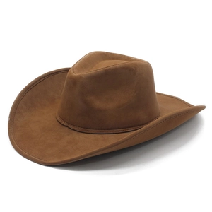 Classic brown western cowboy hat in faux suede with vintage stitching and wide brim