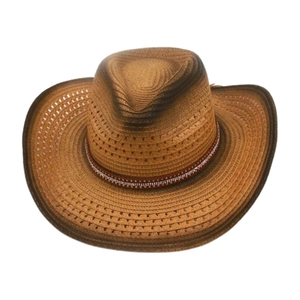 Bohemian gradient brown woven straw cowboy hat with rhinestone band on white background
