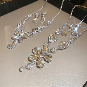 Exquisite silver floral and teardrop pendant necklace sets with sparkling zircon crystals