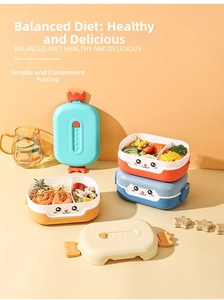 Detail view of cartoon bento box featuring a secure snap-lock buckle and vent valve lids