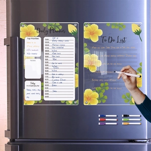 Magnetic acrylic weekly planner for fridge with floral patterns and colorful markers