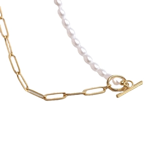 Modern OT buckle necklace with asymmetric faux pearl and gold rectangle paperclip chain link