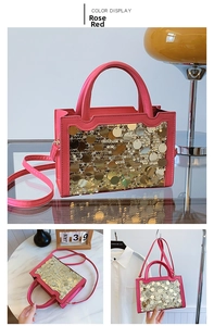 Dettaglio borsa rosa con paillettes, doppi manici e tracolla regolabile per donna