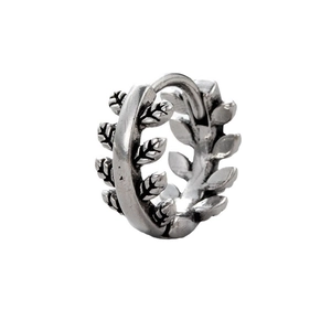 Men's silver stainless steel hoop earring with detailed leaf pattern relief on white background