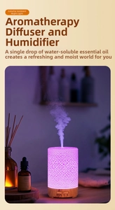 Detail view of ice-crack pattern humidifier with purple light and light wood grain base