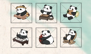 Detail showing 6 cute resin panda figurines in traditional Chinese culture scenes
