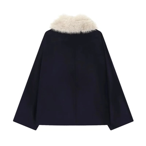 Navy blue women's jacket with white faux fur collar shown from back view on white background