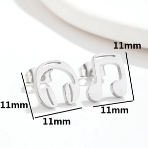 Asymmetric musical note and headphone stud earrings in polished silver finish for women