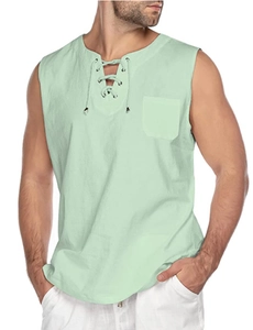 Detail of mint green linen cotton blend vest with V-neck lace-up and chest pocket