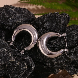 Polished silver crescent earrings on dark rock with natural greenery in the background