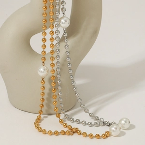 Elegant gold and silver Y-shape stainless steel long necklaces with white pearl accents