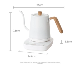 White minimalist gooseneck kettle with wood handle showing exact height and width dimensions