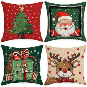 Christmas Pillowcases Linen Cushion Covers Square For Sofa Home Decor Cute Santa Claus Reindeer Tree Print