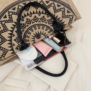 Ethnic linen tote bag with geometric print showing large capacity for essentials