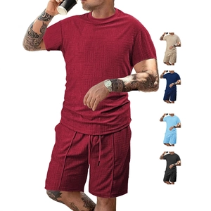 Men's casual red waffle texture polo shirt and drawstring shorts athletic summer two-piece set