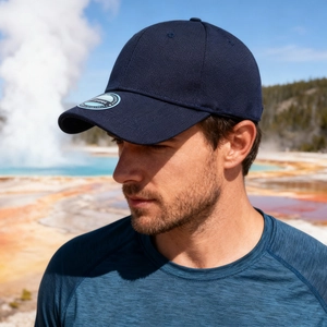 Navy blue water-repellent baseball cap for men with breathable fabric in outdoor setting
