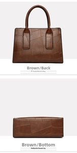 Detailed back and bottom view of brown crocodile pattern tote bag with quilted stitching