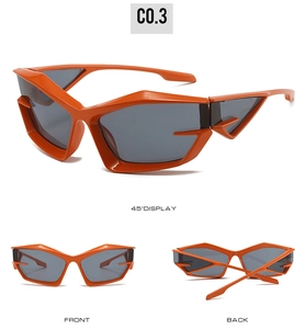 Three-view layout of orange geometric cat-eye sunglasses with gray lenses and sharp wings