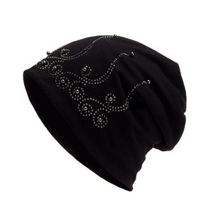 Women Slouchy Beanie Hat Thin Knit Rhinestone Beaded Skull Cap Double Layer Fashion Soft Headwear
